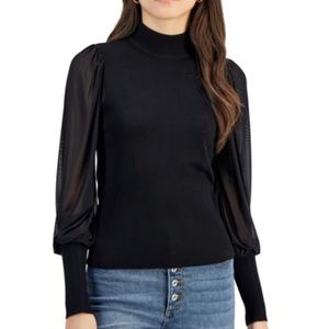 CRAVE FAME ribbed mock-neck long mesh sleeves black sweater top size Small